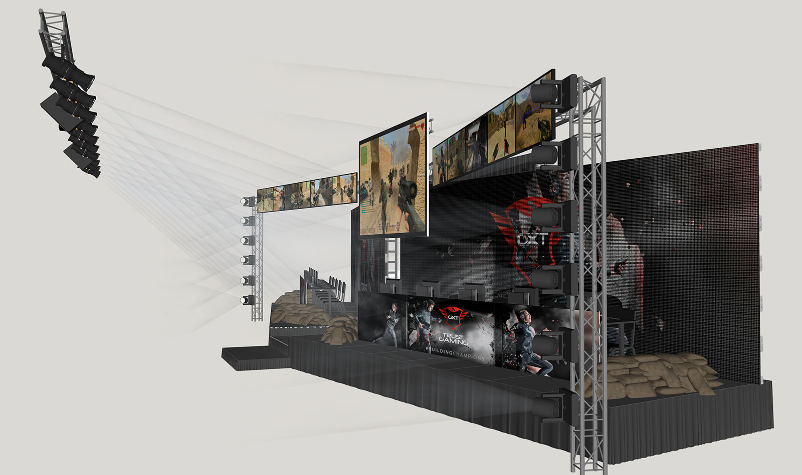 Eksempel på 3D layout af scene til gamingevent
