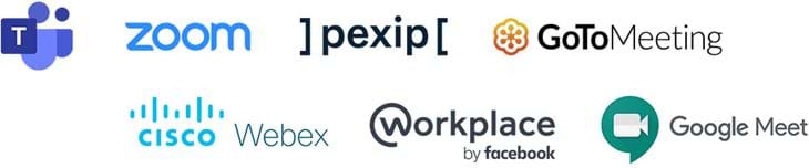 Videokommunikations-logorække med logo fra Microsoft Teams, Zoom, Pexip, GoToMeeting, Cisco Webex, Workplace by Facebook og Google Meet