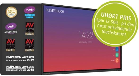 Clevertouch touchskærm med forskellige award-umærkelser. Tekst på splash: Uhørt pris, spar 12.500,- på den mest prisvindende touchskærm!
