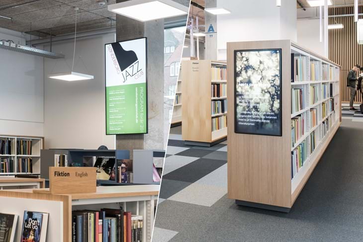 Infoskærme På Bibliotek Ved Søjle Samt Indbygget I Bogreol