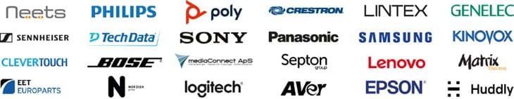 Logo fra Neets, Philips, Poly, Crestron, Lintex, Genelec, Sennheiser, TechData, Sony, Panasonic, Samsung, Kinovox, Clevertouch, Bose, MediaConnect, Septon, Lenovo, Matrix Sales, EET, Nordisk Group, Logitech, AV'er, Epson og Huddly